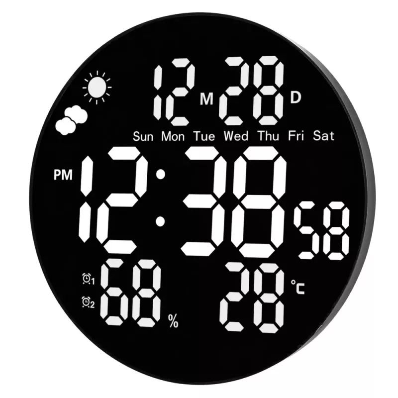 LEAN digitálne LED nástenné hodiny dátum teplota vlhkosť budík diaľkový ovládač 25 cm