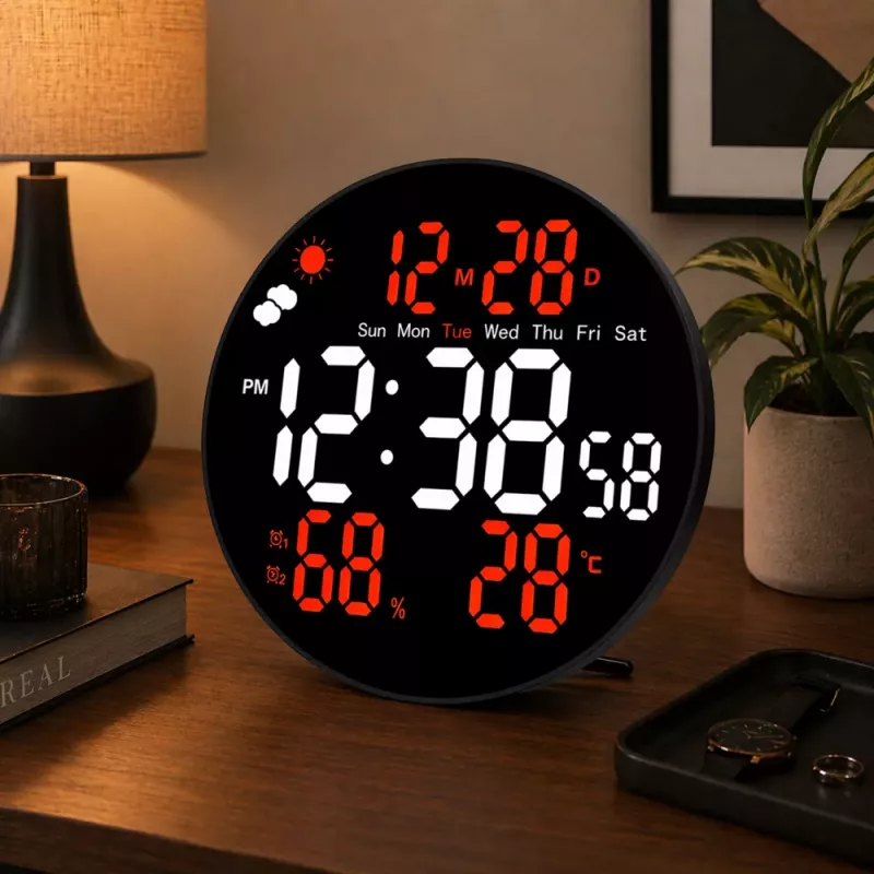 LEAN digitálne LED nástenné hodiny dátum teplota vlhkosť budík diaľkový ovládač 25 cm