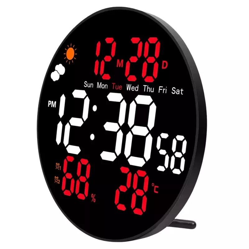LEAN digitálne LED nástenné hodiny dátum teplota vlhkosť budík diaľkový ovládač 25 cm