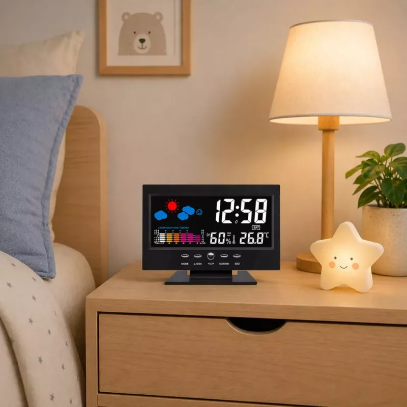 LEAN digitálne hodiny s vnútorným teplomerom a vlhkomerom LED meteorologická stanica