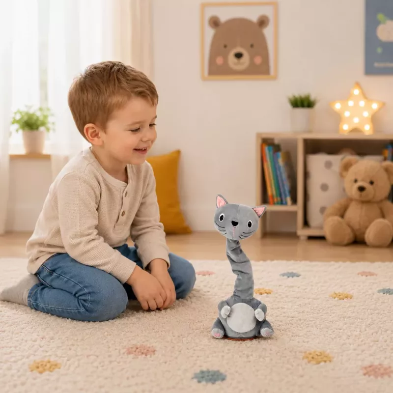 LEAN TOYS Plyšová tancujúca mačka interaktívna hračka s hudbou a zvukmi maskot sivá