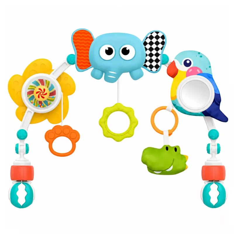 LEAN TOYS Senzorický oblúk so slonom pre detskú postieľku, autosedačku, kočík, zrkadlo, hrkálka
