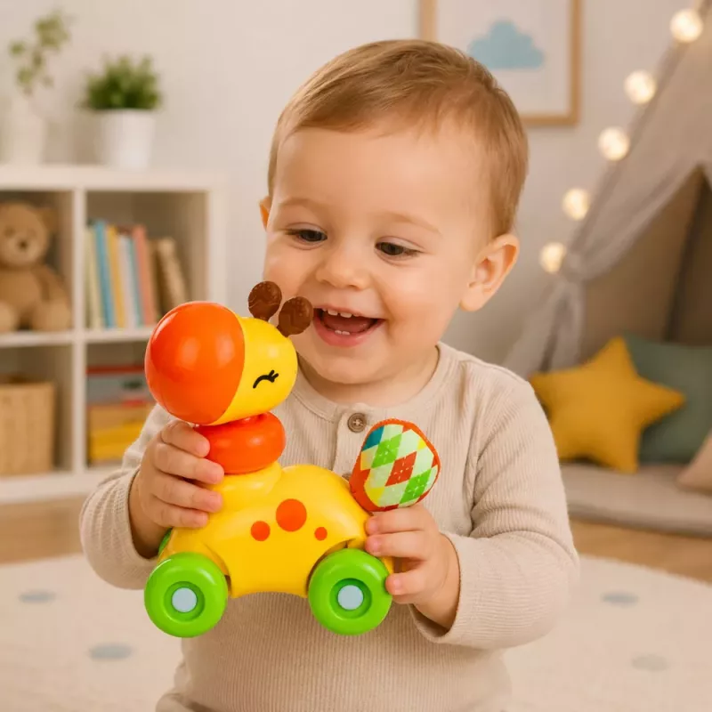 LEAN TOYS Interaktívna senzorická hračka žirafa autíčko pre batoľatá žltá