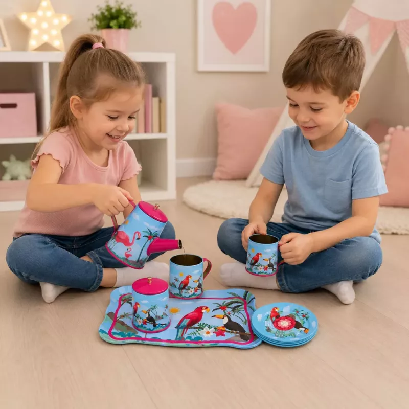 LEAN TOYS Čajová súprava s papagájmi, kov, exotický vzor, 12-dielna