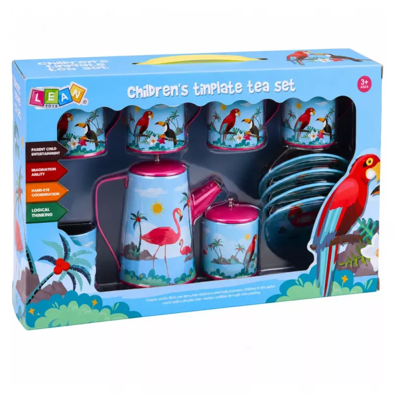 LEAN TOYS Čajová súprava s papagájmi, kov, exotický vzor, 12-dielna