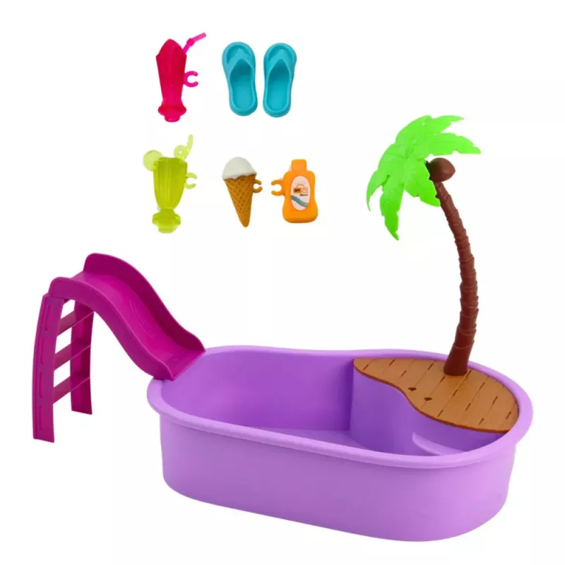LEAN TOYS Bábika Anlily v bazéne so šmýkačkou palmou plážové príslušenstvo sada