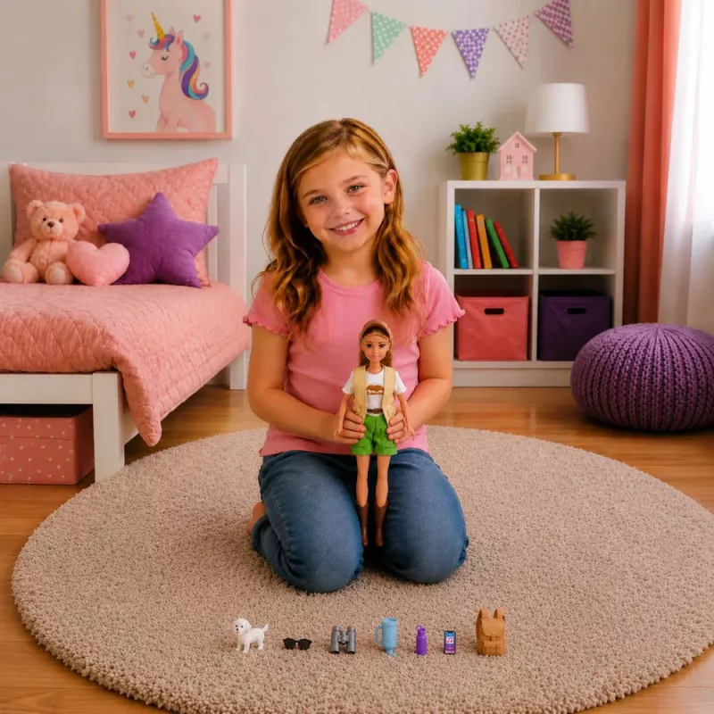 LEAN TOYS Anlily cestovateľka bábika so psom a batohom, sada doplnkov