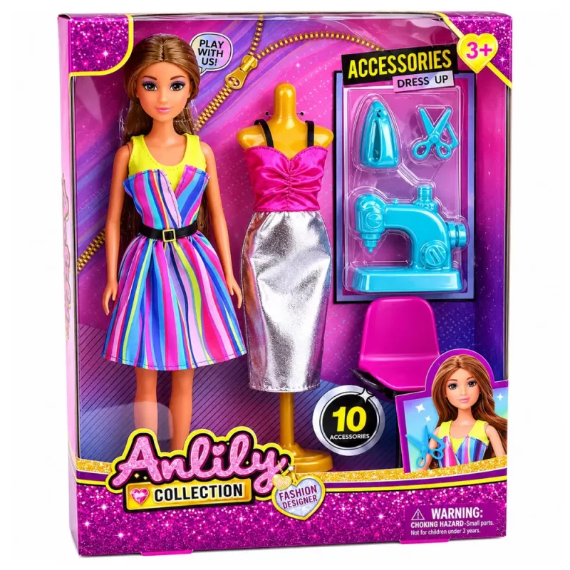 LEAN TOYS Anlily návrhárka oblečenia krajčírka šijací stroj figurína bábika, sada