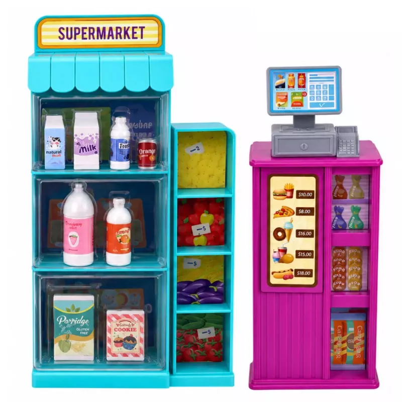 LEAN TOYS Anlily bábika s pokladňou v supermarkete, nákupný vozík a kočík, sada