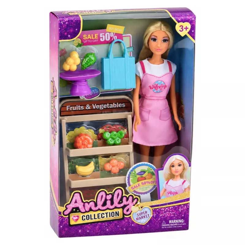 LEAN TOYS Anlily bábika predavačka zeleniny a ovocia obchod, sada doplnkov