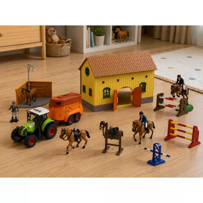 LEAN TOYS Sada farma žrebčín traktor prekážková dráha skákanie kopce kone figúrky 72 ks