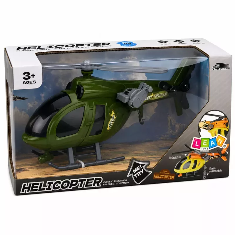 LEAN TOYS Vojenský vrtuľník s hákom, svetlami a zvukmi zelená