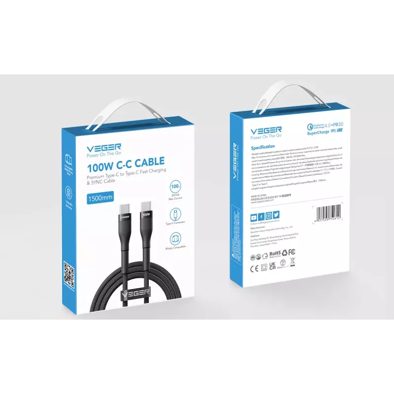 VEGER USB-C na USB-C PD 100W kábel 1,5m, čierna