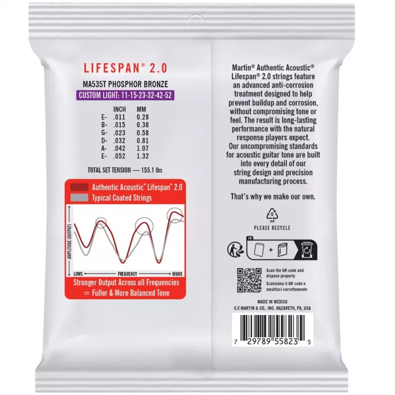 Martin MA535T Custom Light (11-52) struny na akustickú gitaru - Lifespan 2.0 Phosphor Bronze