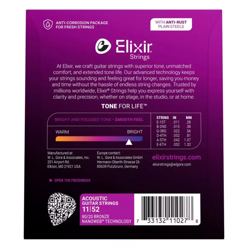 Elixir Strings 11027 Custom Light NANOWEB struny na akustickú gitaru (11-52)