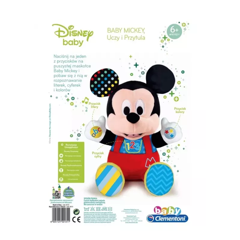 Clementoni Disney Baby Mickey Mouse interaktívna plyšová hračka, učí a objíma, poľský jazyk 50131