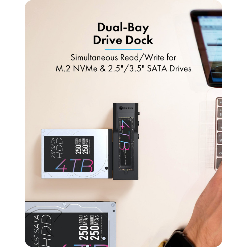 IcyBox IB-2911MSCL-CU31 dokovacia & klonovacia stanica pre M.2 NVMe a 2,5/3,5-palcové SATA HDD/SSD
