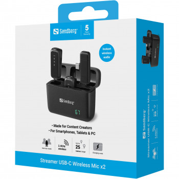 SANDBERG Streamer USB-C Wireless Mic x2 - duálna mikrofónová sada - 20 Hz - 20 kHz