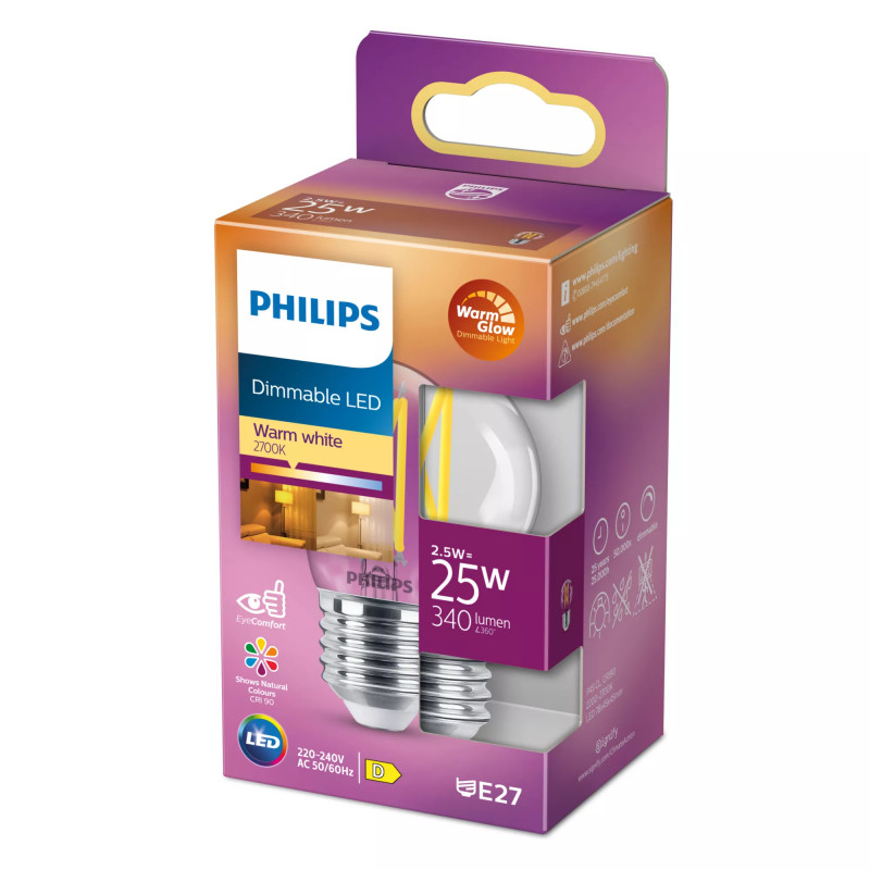 Philips LED Classic WarmGlow P45 číra stmievateľná E27 2,3W 250lm 2200-2700K