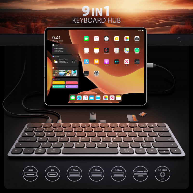 AXAGON HMC-KB-PT USB-C 5Gbps klávesnica (PT) 9-in-1 hub