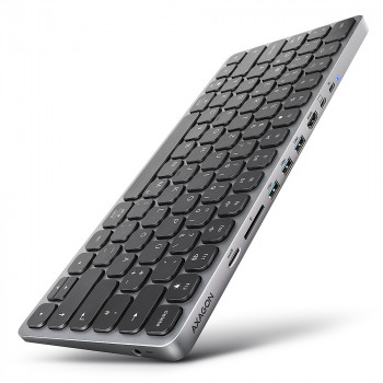 AXAGON HMC-KB-GE USB-C 5Gbps klávesnica s 9-in-1 hubom, nemecké rozloženie, HDMI 4K, Gigabit Ethernet, 100W PD, čítačka kariet, čierna