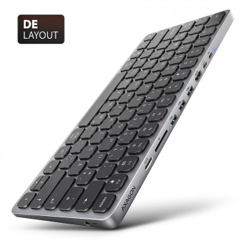 AXAGON HMC-KB-GE USB-C 5Gbps klávesnica s 9-in-1 hubom, nemecké rozloženie, HDMI 4K, Gigabit Ethernet, 100W PD, čítačka kariet, čierna
