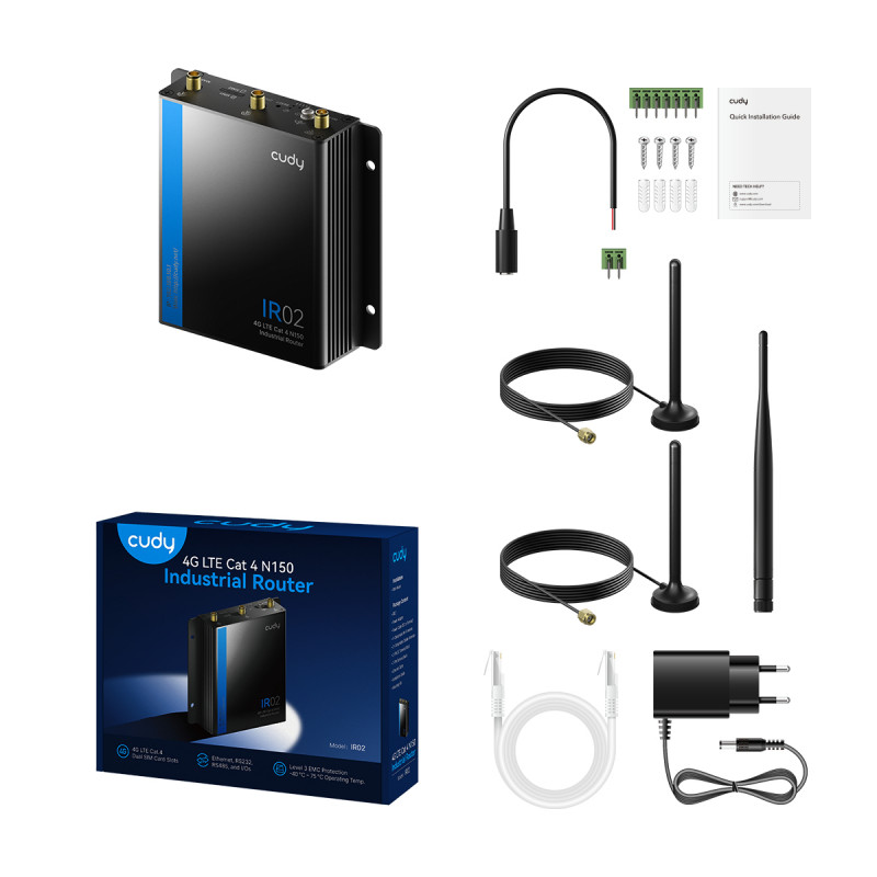 Cudy IR02 Industrial 4G LTE Cat 4 router, Dual SIM, 2x Ethernet, montáž na DIN lištu, EU IR02_EU