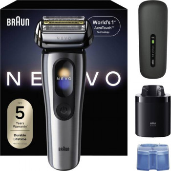 Braun NEVO 17000cc elektrický holiaci strojček so stanicou Clean&Charge, 5 režimov, 360° holiaca hlava, chróm/strieborná 349659