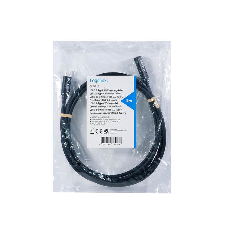 LogiLink CU0211 USB-C predlžovací kábel 100W 2m čierny