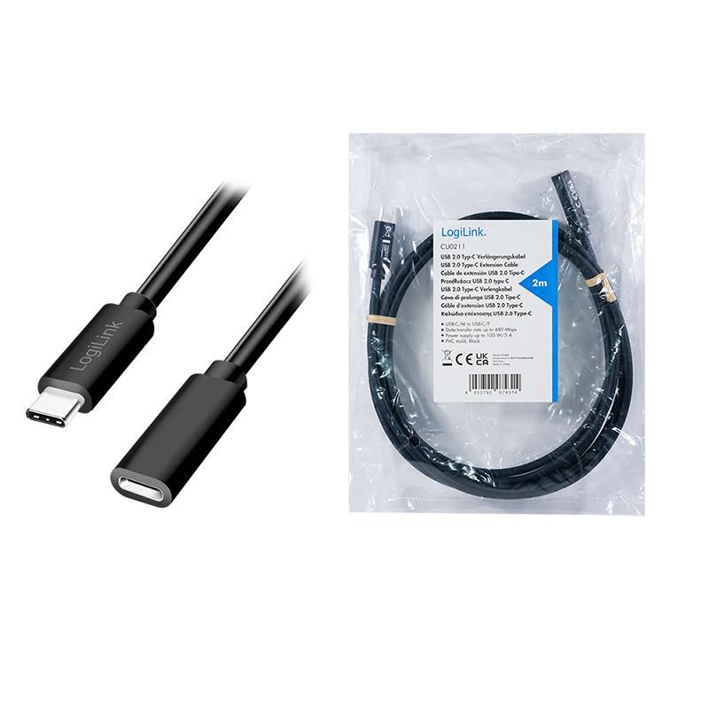 LogiLink CU0211 USB-C predlžovací kábel 100W 2m čierny