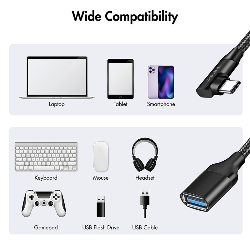 LogiLink CU0100 USB-C na USB-A adaptérový kábel, 0,2 m, 10 Gbps, 90° zahnutý, čierny