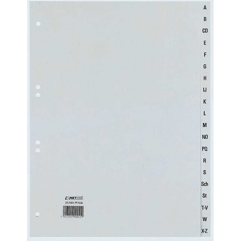 REXEL HETZEL A4 A-Z register, 20-tab, polypropylén, sivý, dierovanie 80-80-80 mm 25240481