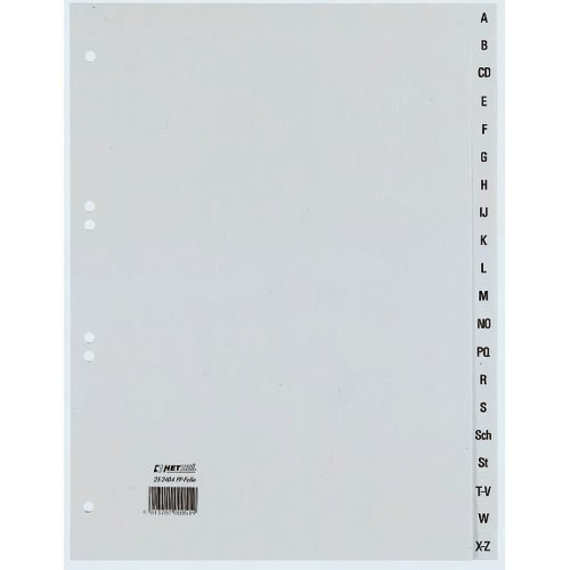 REXEL HETZEL A4 A-Z register, 20-tab, polypropylén, sivý, dierovanie 80-80-80 mm 25240481