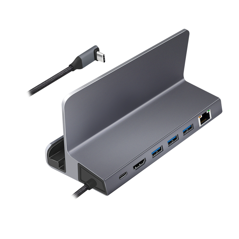 LogiLink UA0408 USB-C dokovacia stanica so stojanom na tablet, HDMI 4K@60Hz, 100W PD, Gigabit Ethernet, strieborná