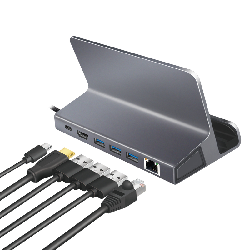 LogiLink UA0408 USB-C dokovacia stanica so stojanom na tablet, HDMI 4K@60Hz, 100W PD, Gigabit Ethernet, strieborná