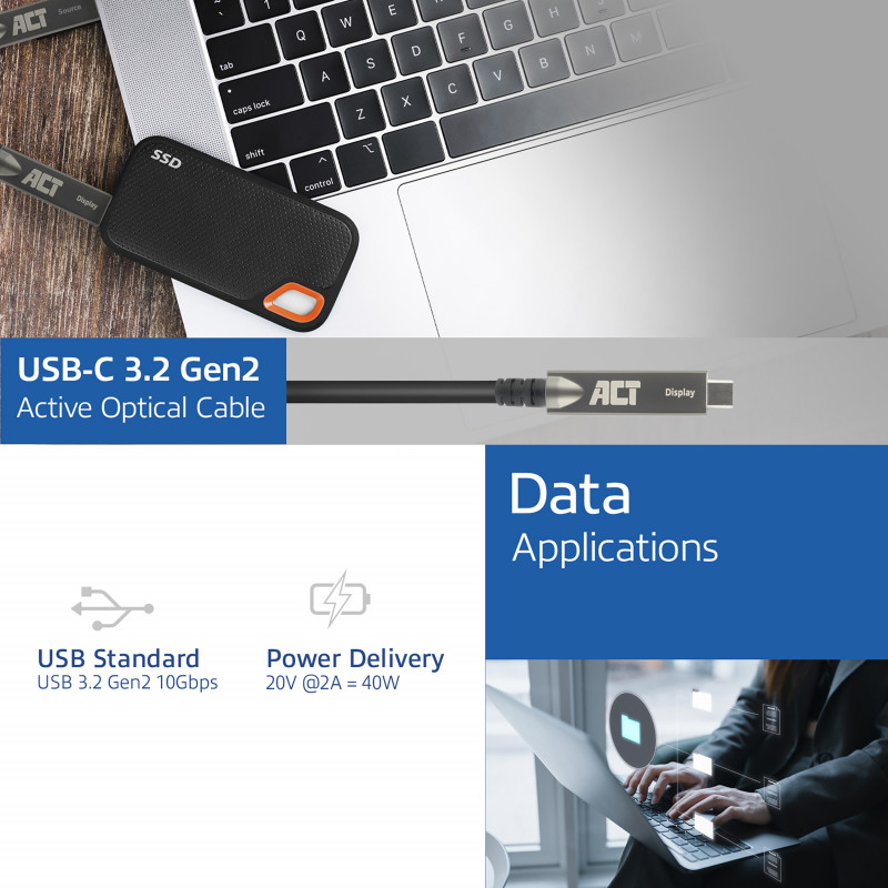 ACT USB-C 3.2 Gen2 aktívny optický kábel (AOC), pre dotykové panely, video, dáta, napájanie, 15m (AK4335)