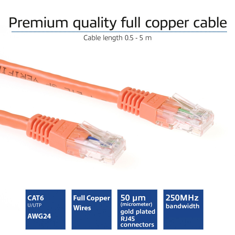 ACT IB1505 prepojovací kábel Cat6 U/UTP, RJ45, 5 m, oranžový