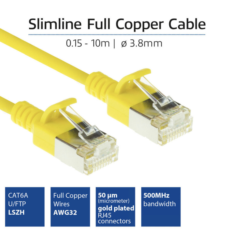 ACT DC7830 žltý 0,15m LSZH U/FTP CAT6A datacenter Slimline patch kábel Snagless RJ45