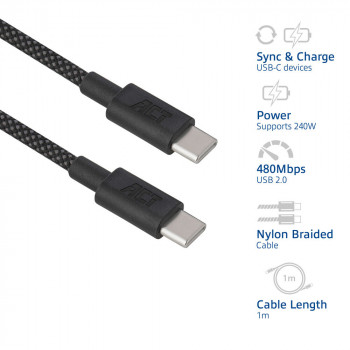 ACT USB 2.0 240W nabíjací/dátový kábel USB-C na USB-C, čierny, 1 m (AC3086)