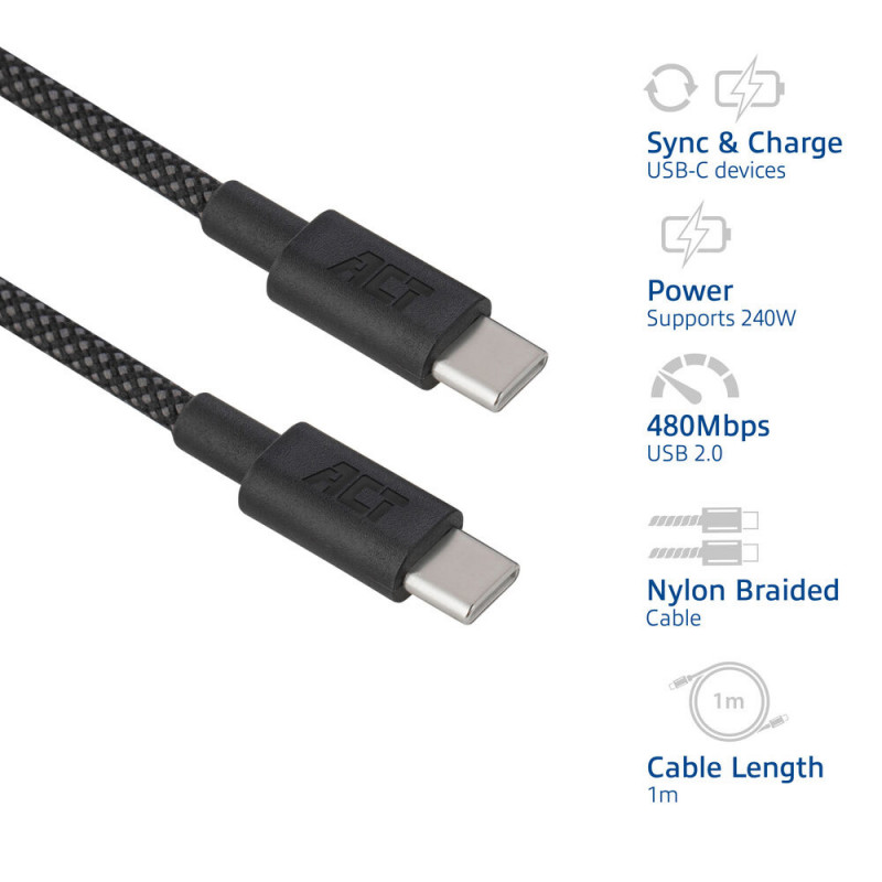 ACT USB 2.0 240W nabíjací/dátový kábel USB-C na USB-C, čierny, 1 m (AC3086)