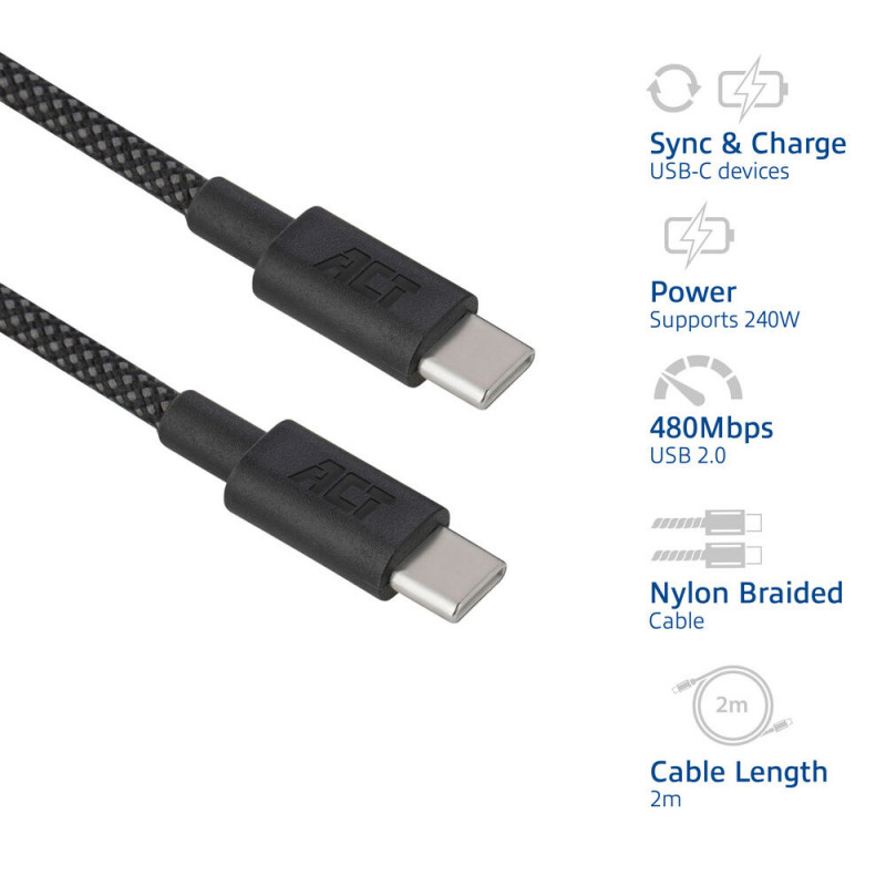 ACT USB 2.0 240W nabíjací/dátový kábel USB-C na USB-C, čierny, 2 m (AC3087)