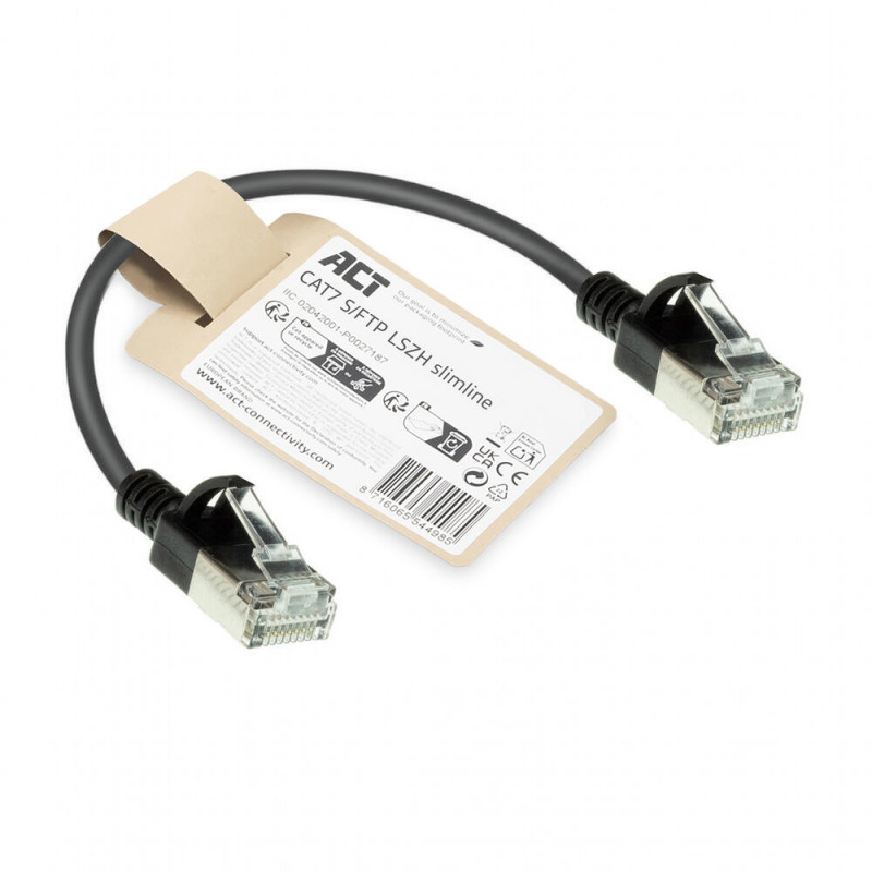 ACT Čierny 0,15 m LSZH S/FTP CAT7 Slimline patch kábel Snagless s RJ45 konektormi (DF7930)