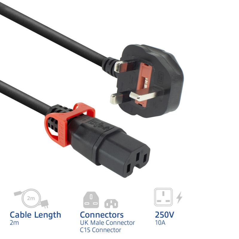 ACT Napájací kábel UK konektor - C15 IEC Lock+ čierny 2 m, PC3884 (PL0082)