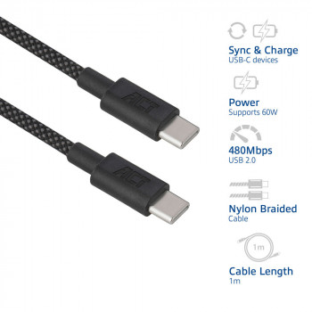 ACT USB 2.0 60W Nabíjací/dátový kábel USB-C na USB-C, čierny, 1 meter (AC3082)