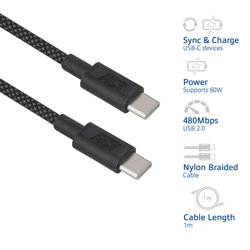 ACT USB 2.0 60W Nabíjací/dátový kábel USB-C na USB-C, čierny, 1 meter (AC3082)
