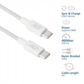 ACT USB 2.0 240W nabíjací/dátový kábel USB-C na USB-C, biely, 2 m (AC3085)