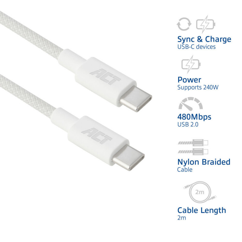 ACT USB 2.0 240W nabíjací/dátový kábel USB-C na USB-C, biely, 2 m (AC3085)