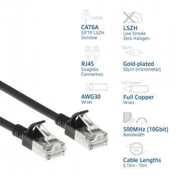 ACT čierny 1 m LSZH S/FTP CAT6A slimline patch kábel snagless s RJ45 konektormi (DB7901)