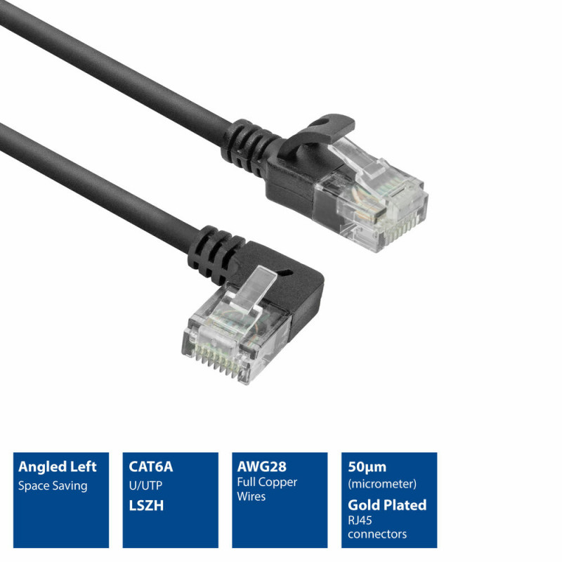 ACT DC1901 1 m CAT6A U/UTP LSZH Slimline patch kábel, RJ45 90° zahnutý vľavo na rovný, čierny