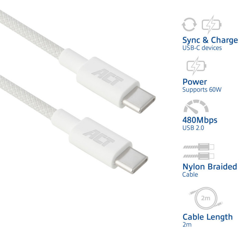 ACT USB 2.0 60W nabíjací/dátový kábel USB-C na USB-C, biely, 2 m (AC3081)
